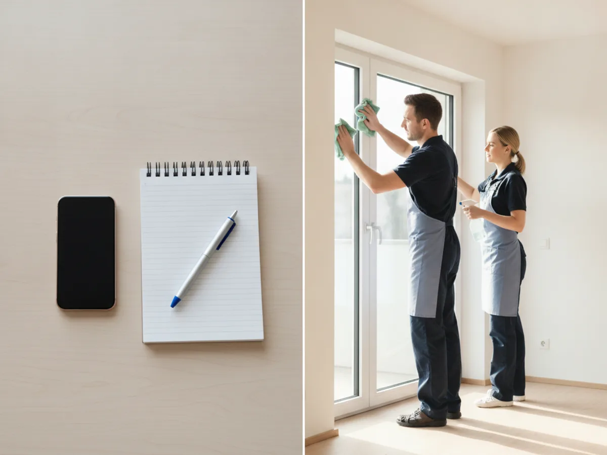 Notizblock und Telefon für die Offertanfrage, daneben das Zweierteam bei der Fensterreinigung